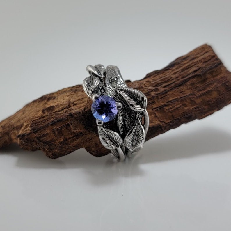 14K White Gold Tanzanite Leaf and Twig Engagement Ring with Antique Finish - DV Jewelry Designs