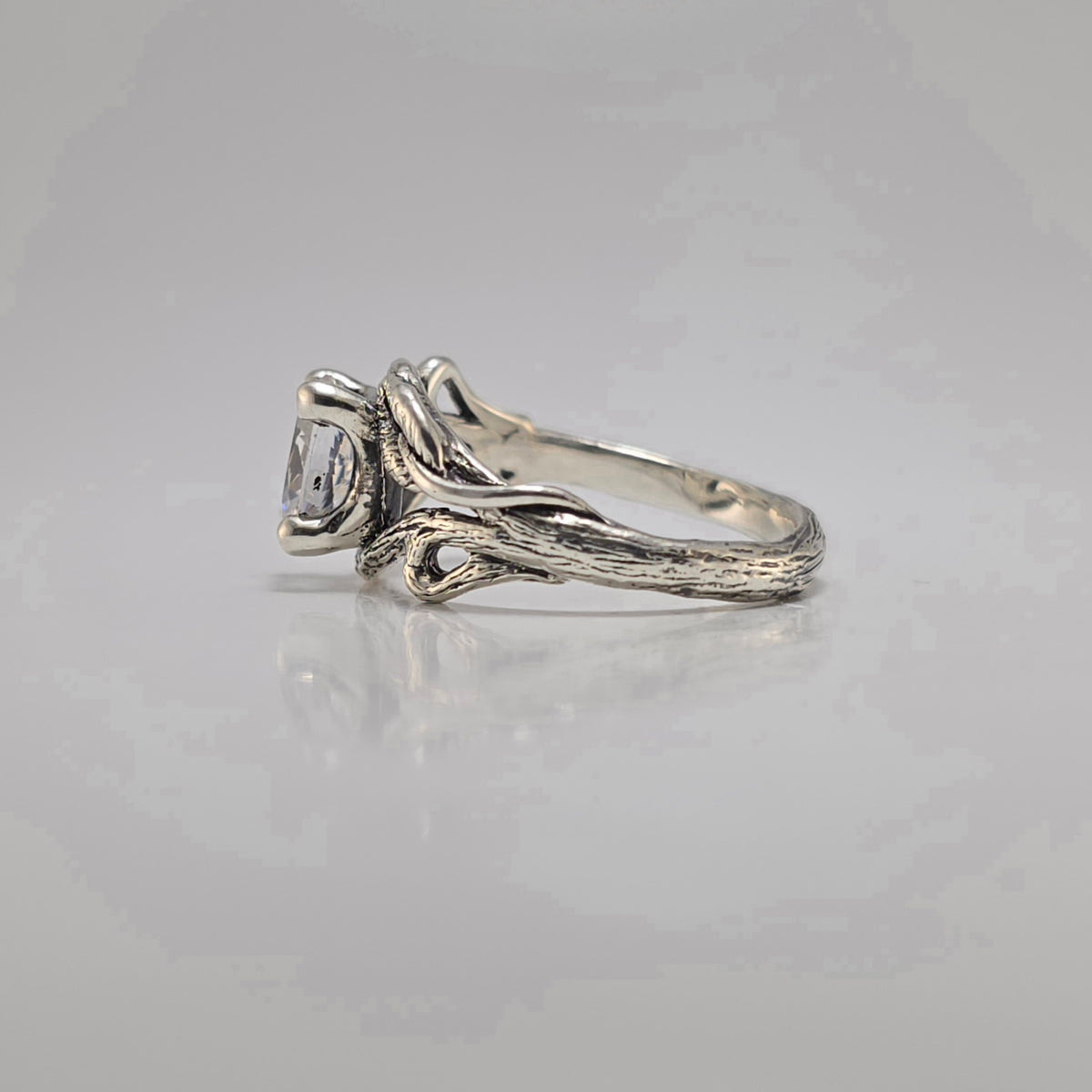 Oval Moissanite Twig Engagement Ring – Sterling Silver - DV Jewelry Designs #