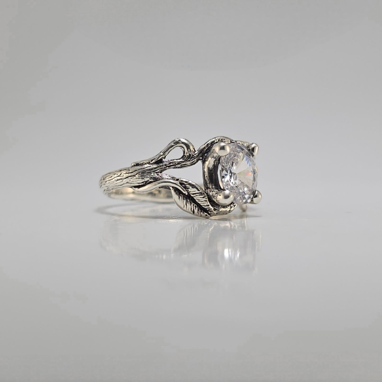 Oval Moissanite Twig Engagement Ring – Sterling Silver - DV Jewelry Designs #
