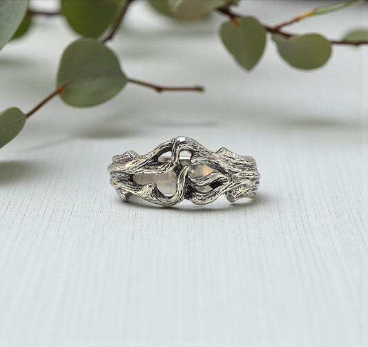 silver branch style ring with texture