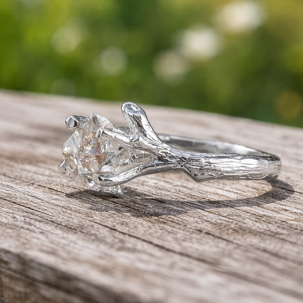 Silver white gold ring with a diamond on a wooden surface with a blurred green background