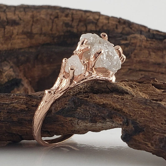 Raw Diamond Twig Engagement Ring - Handcrafted Solid Gold Nature-Inspired