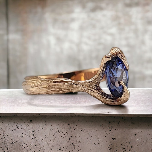 Oval Blue Sapphire Twig Engagement Ring in 14k Rose Gold – Handmade Nature-Inspired Sapphire Ring, Unique Branch Style Fine Jewelry - DV Jewelry Designs #