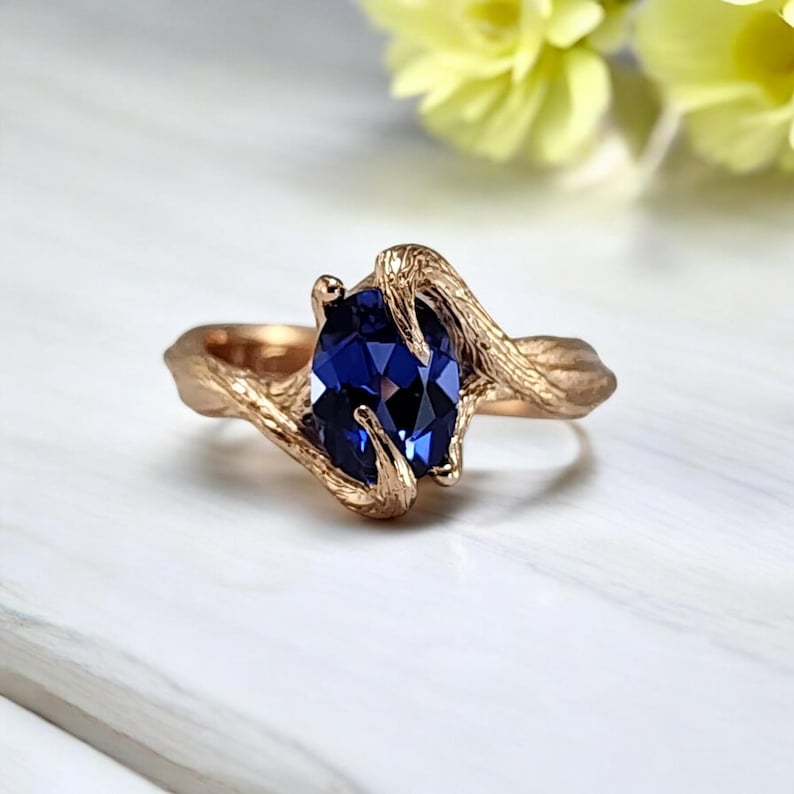 Oval Blue Sapphire Twig Engagement Ring in 14k Rose Gold – Handmade Nature-Inspired Sapphire Ring, Unique Branch Style Fine Jewelry - DV Jewelry Designs #