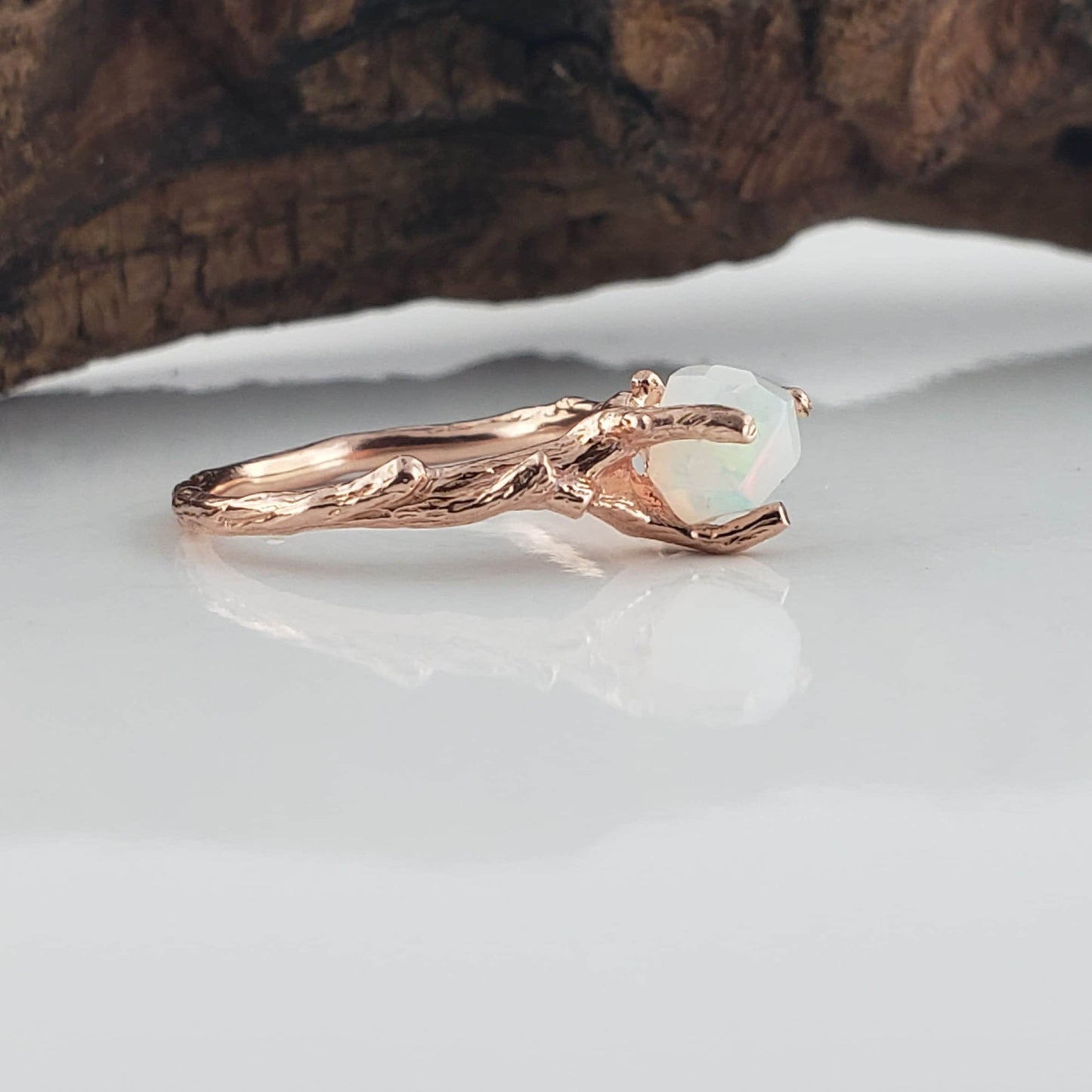 Hand-Cut Raw Opal Twig Engagement Ring