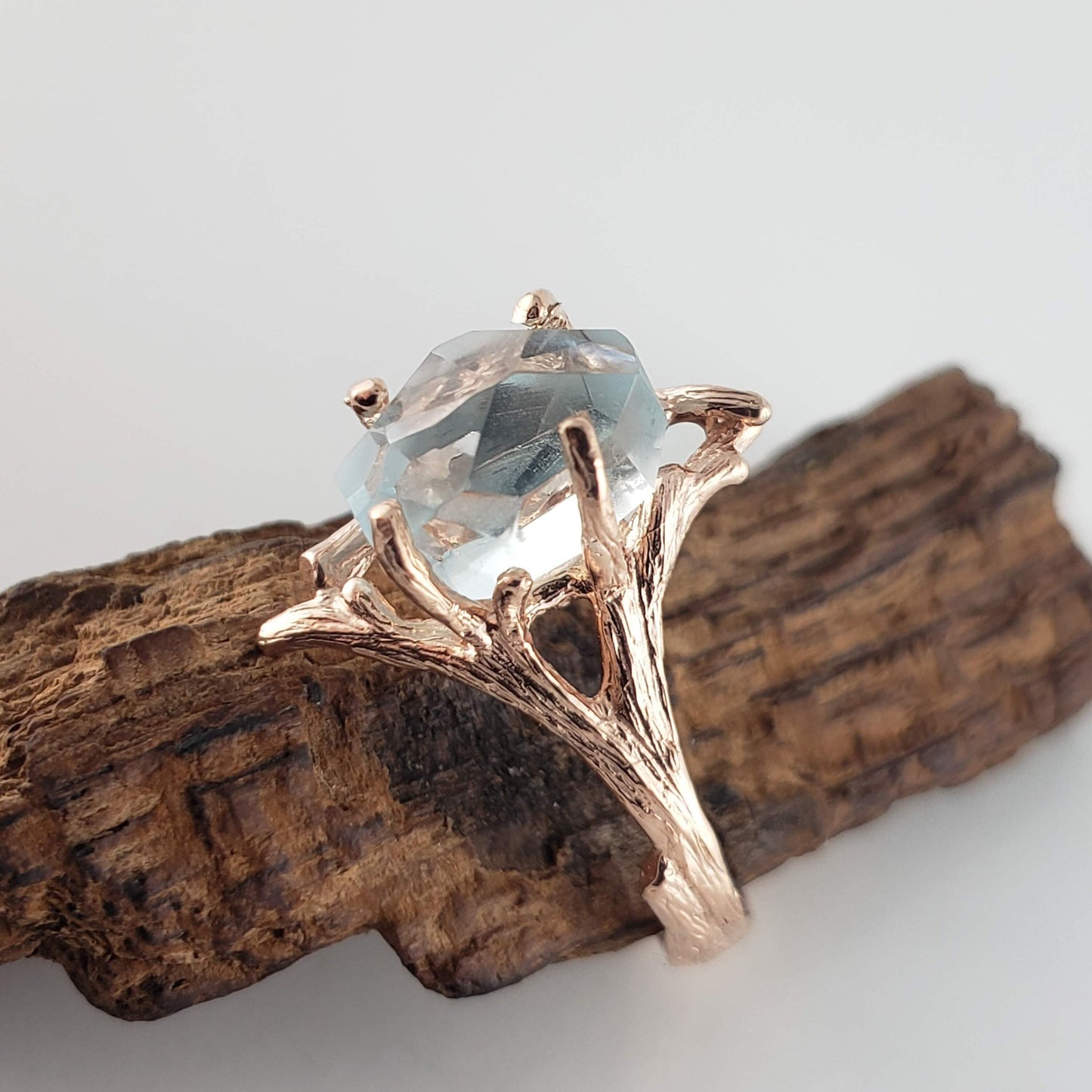 Hand-cut Raw Aquamarine Twig and Branch Style Engagement Ring