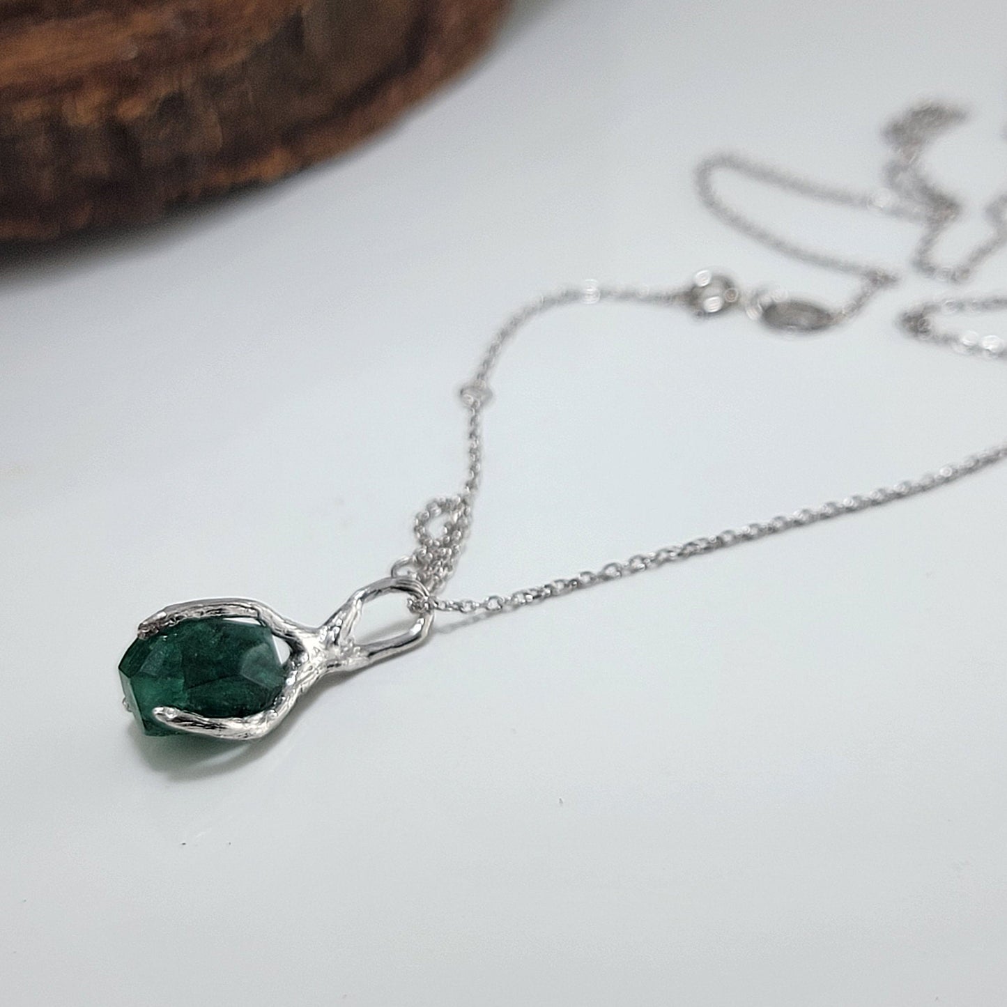 Raw Hand-cut Emerald Twig Pendant