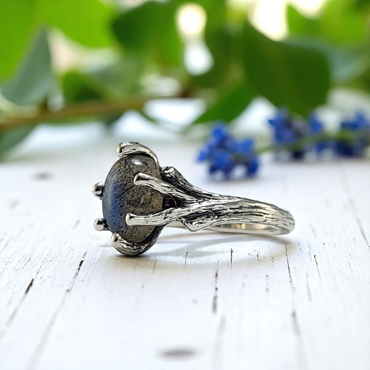 Labradorite Gemstone Silver Twig Ring - DV Jewelry Designs