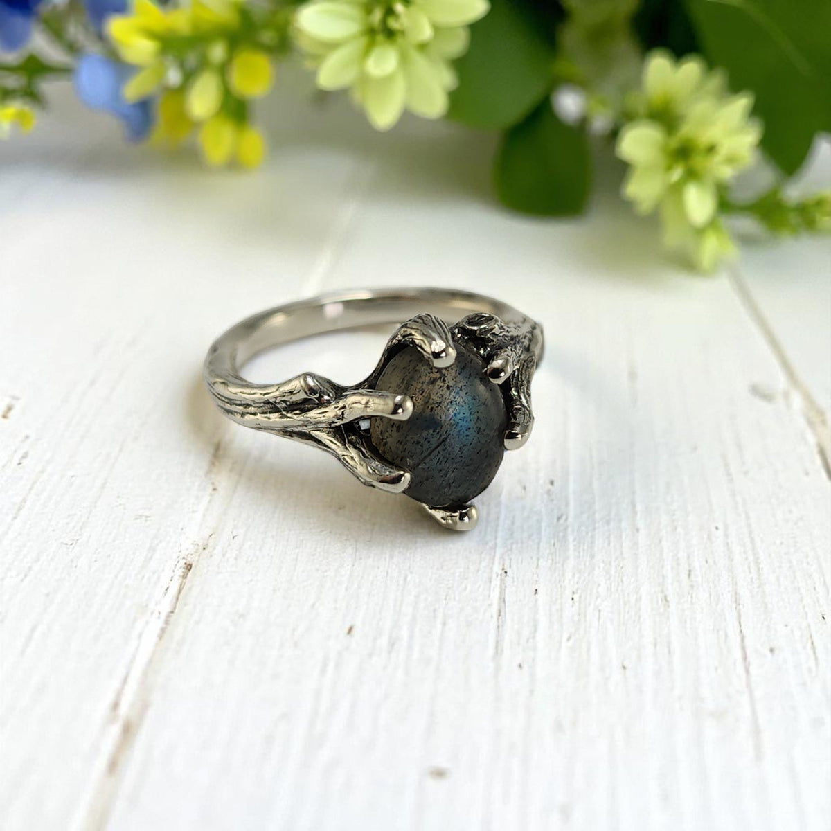 Labradorite Gemstone Silver Twig Ring - DV Jewelry Designs