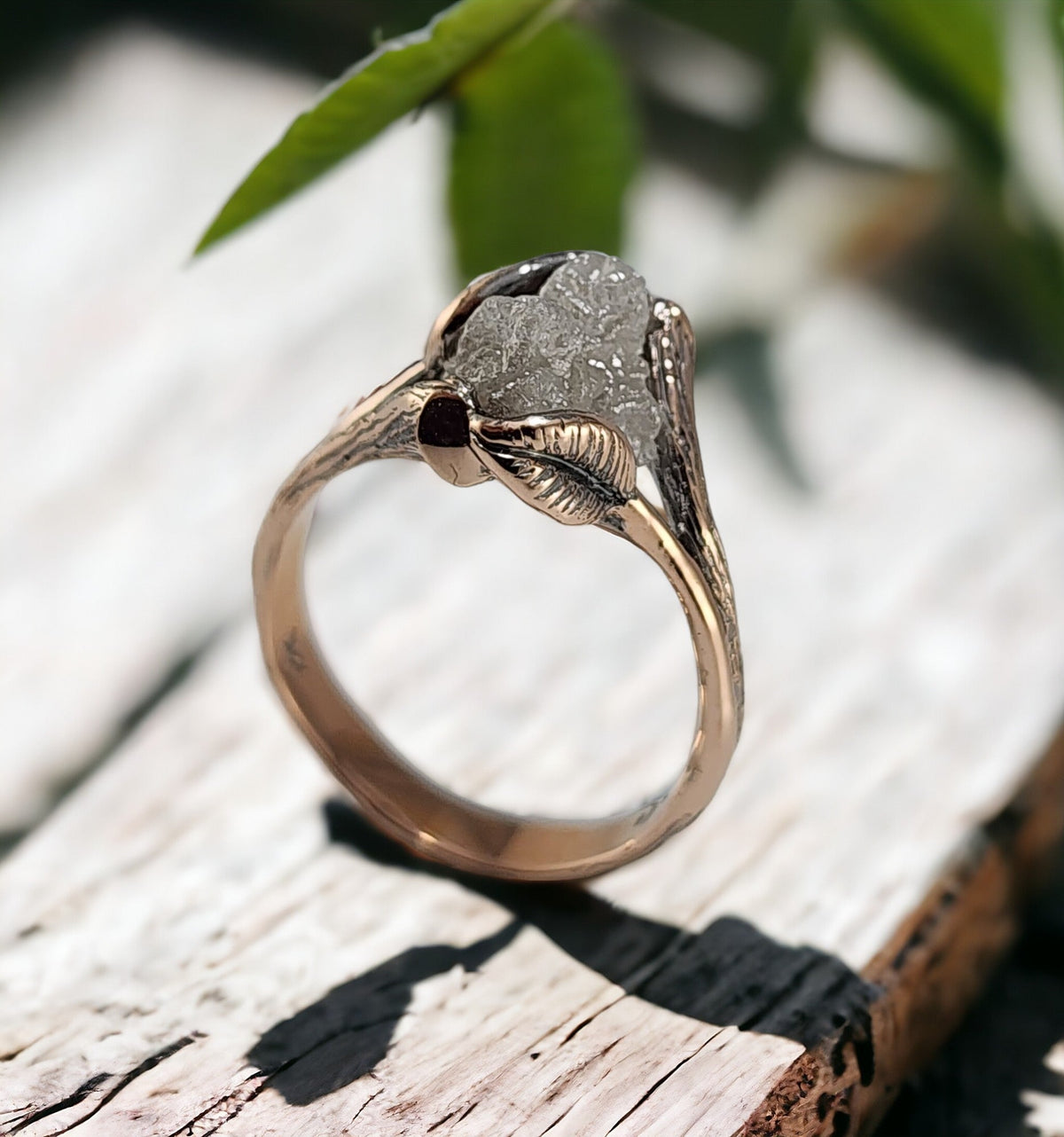 Large Floating Raw Rough Diamond Engagement Ring in 14k Rose Gold, Antiqued Finish - DV Jewelry Designs