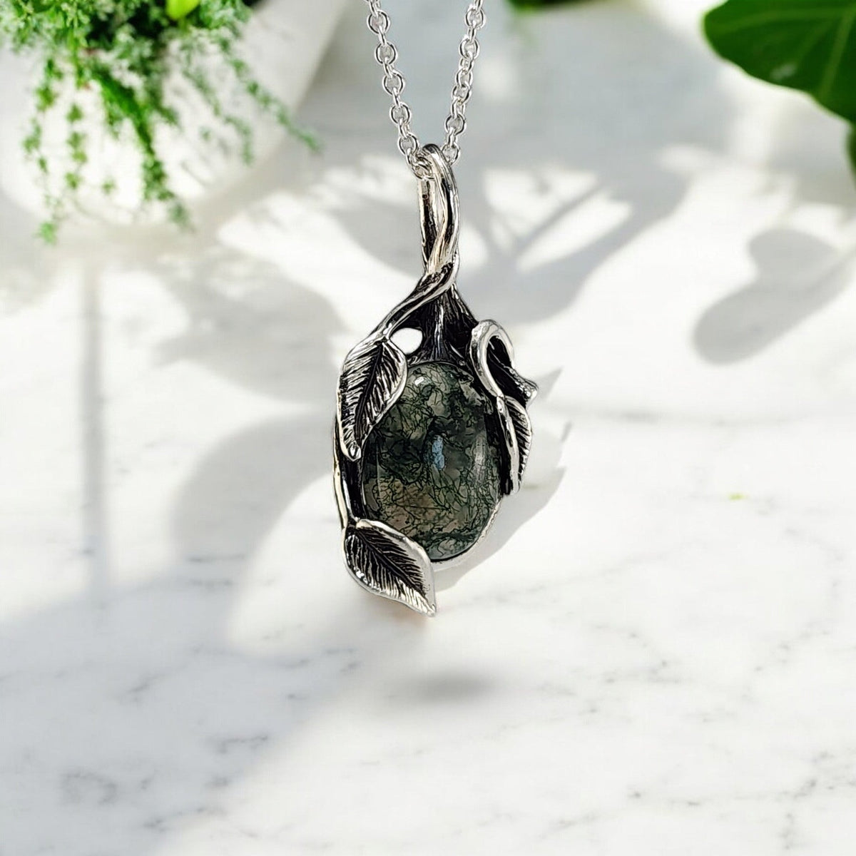 Moss Agate Gemstone Sterling Silver Leaf and Twig Style Necklace - DV Jewelry Designs