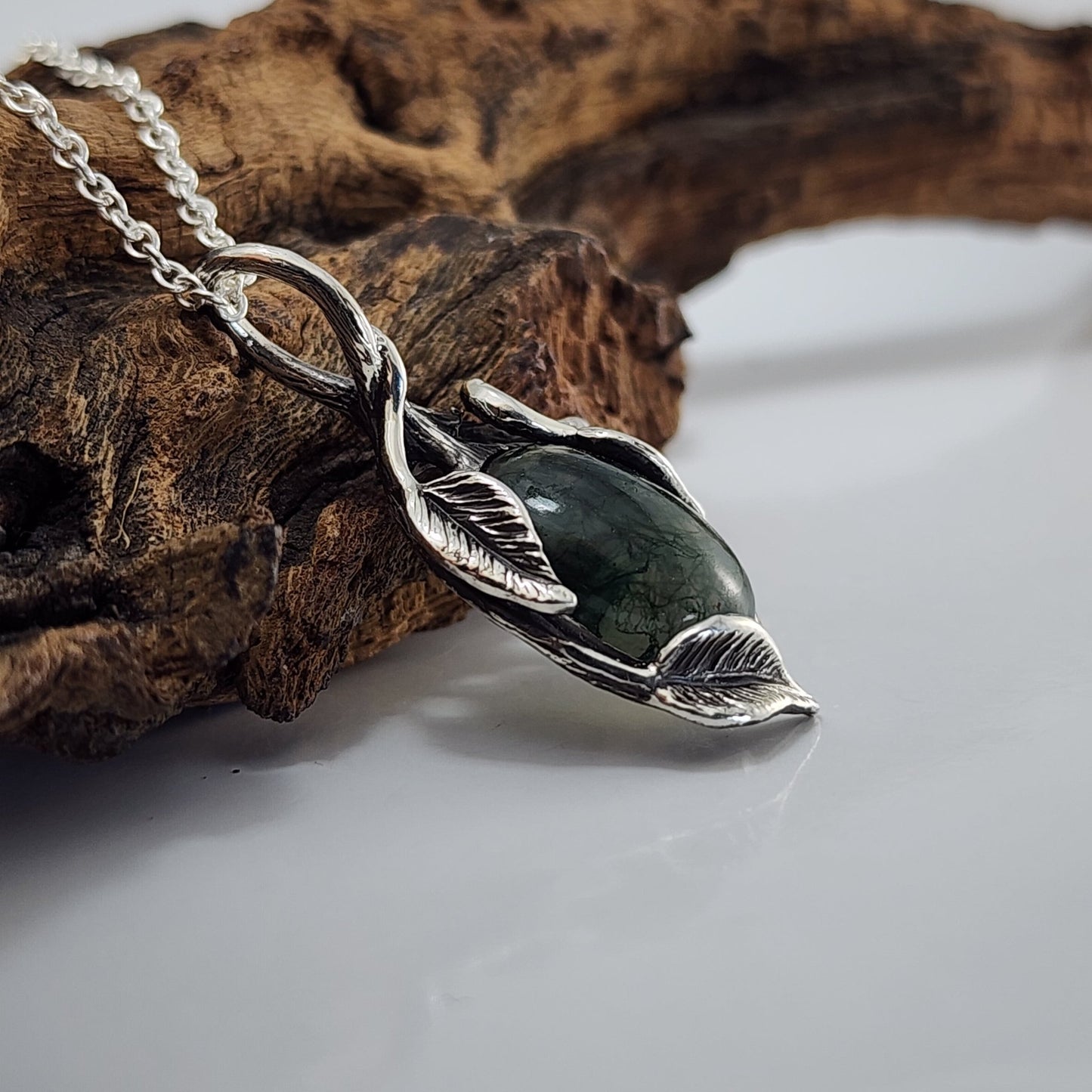 Moss Agate Gemstone Sterling Silver Leaf and Twig Style Necklace - DV Jewelry Designs