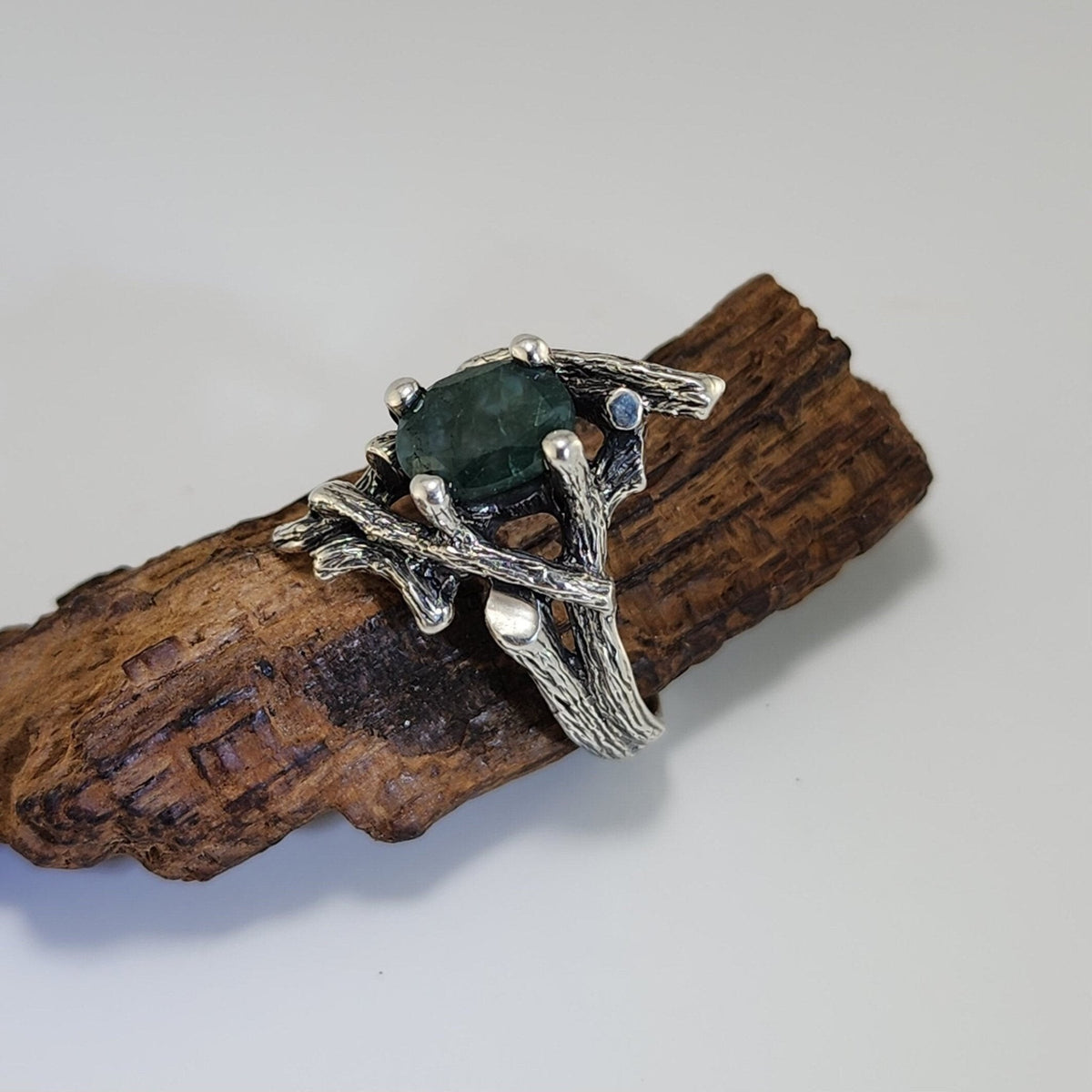 Moss Agate Gemstone Twig Textured Style Ring in Sterling Silver - DV Jewelry Designs