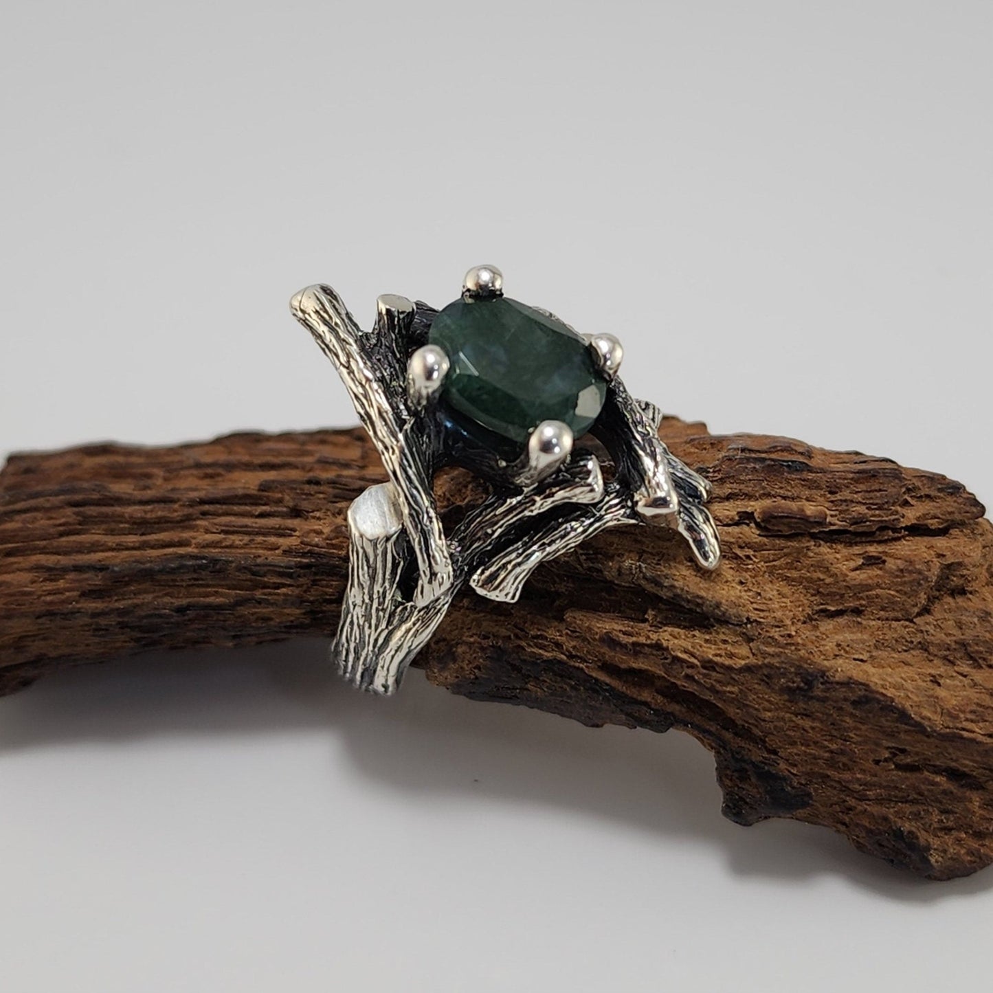 Moss Agate Gemstone Twig Textured Style Ring in Sterling Silver - DV Jewelry Designs