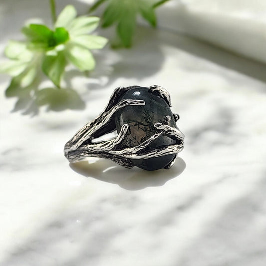 Oval Moss Agate Cabochon Gemstone Ring - DV Jewelry Designs #