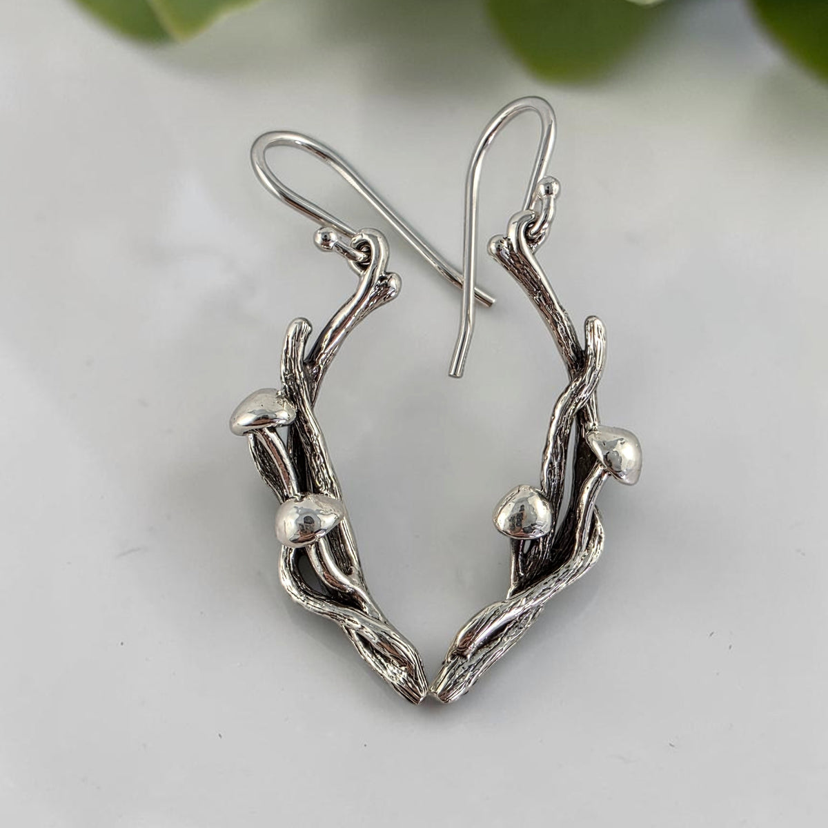 Sterling Silver Mushroom Handmade Twig and Branch Style Earrings - DV Jewelry Designs #