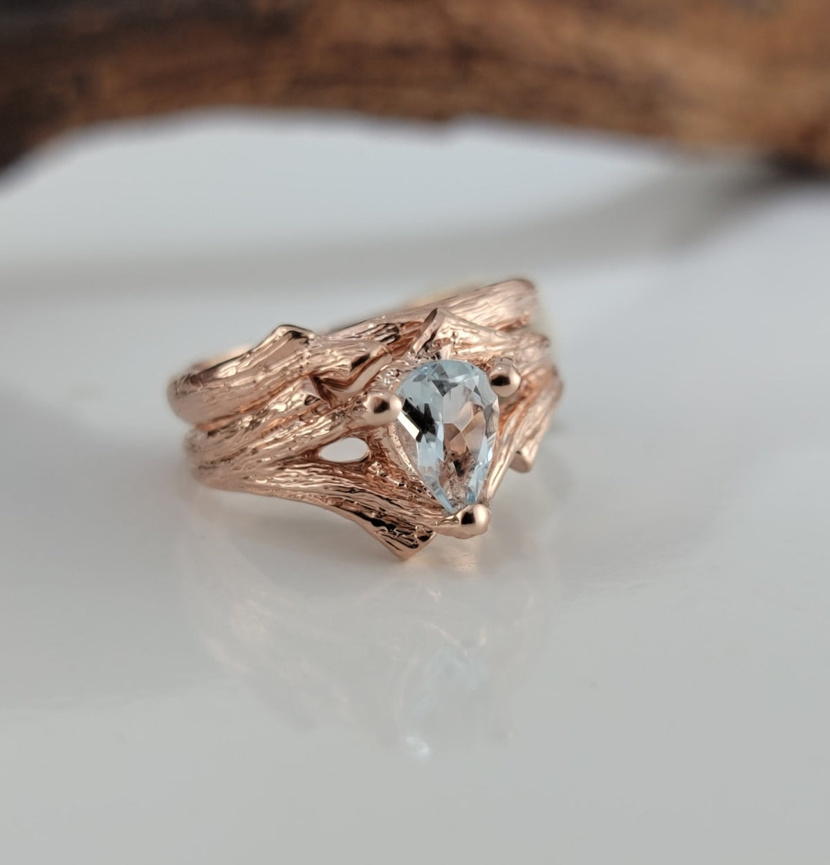Pear Shaped Aquamarine Twig Engagement Ring or Wedding Set - DV Jewelry Designs