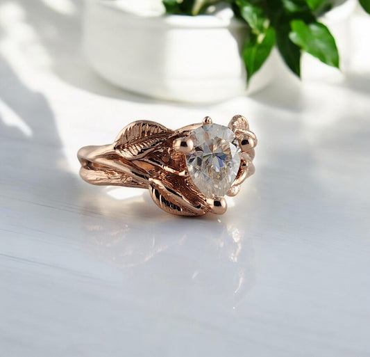 Pear Shaped Moissanite Twig Solid Gold Wedding Ring Set - DV Jewelry Designs