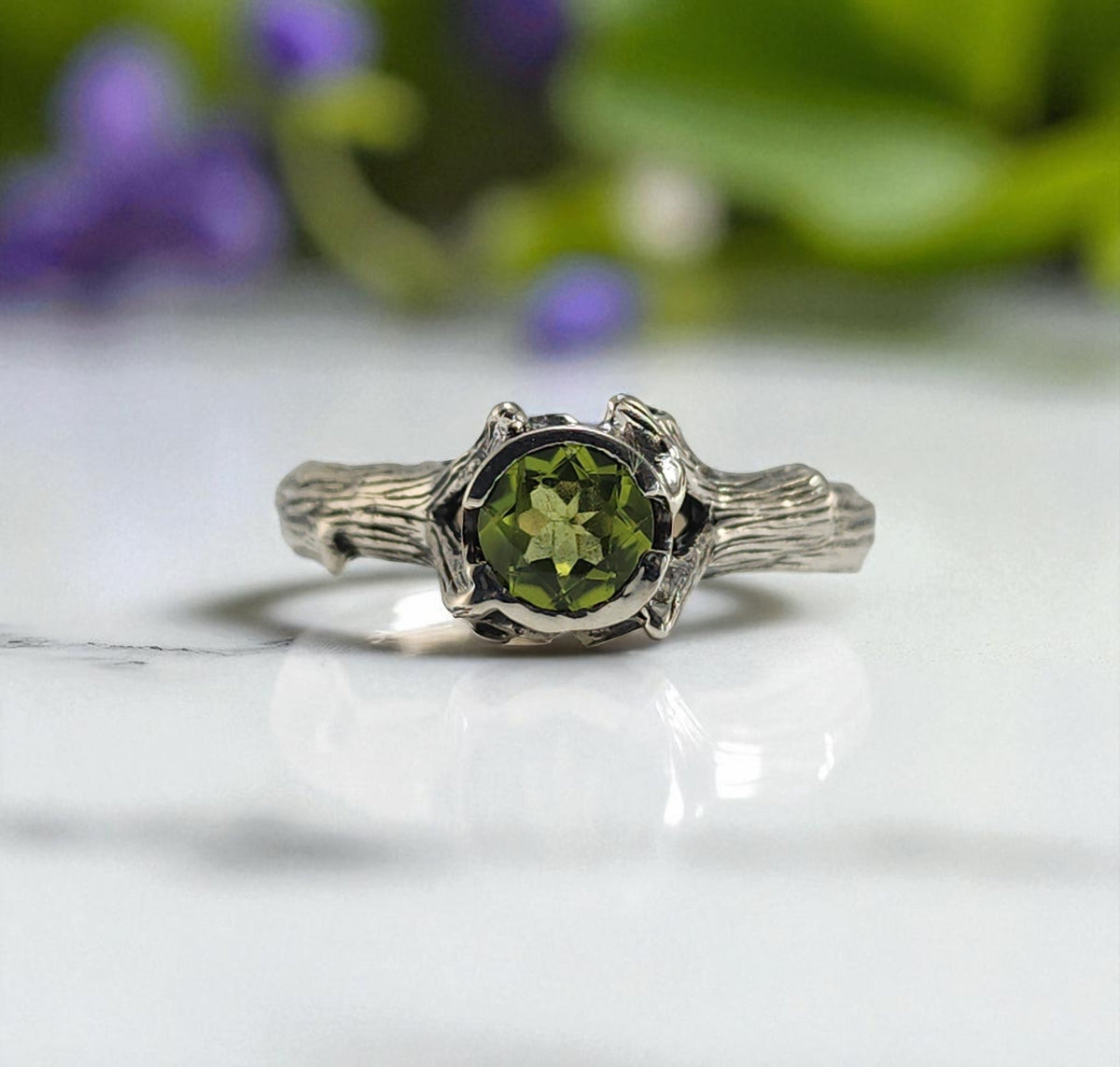Natural Round Peridot Silver Ring - DV Jewelry Designs #