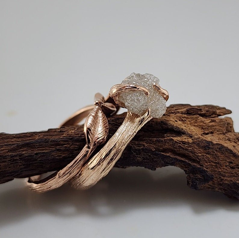 Raw Diamond Engagement Ring in 14k Rose Gold - DV Jewelry Designs