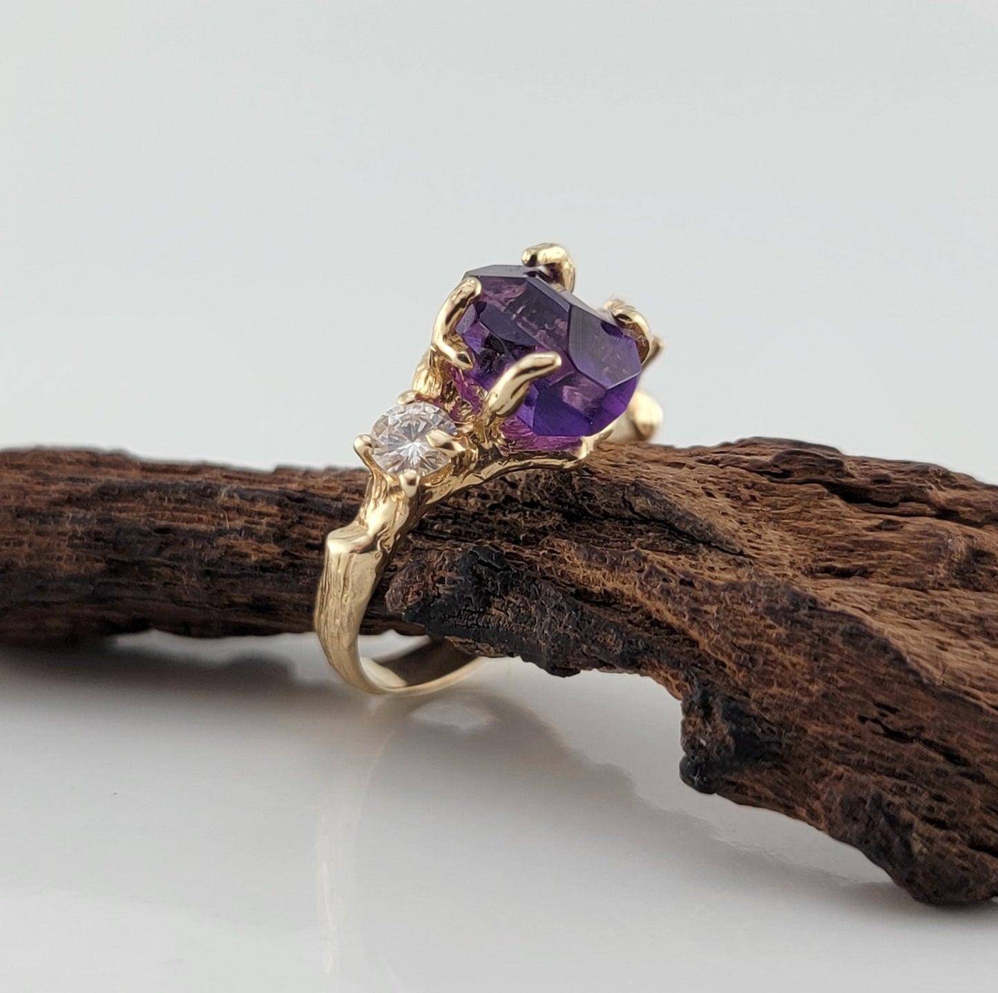Raw Hand - cut Amethyst & Moissanite Gold Ring - DV Jewelry Designs