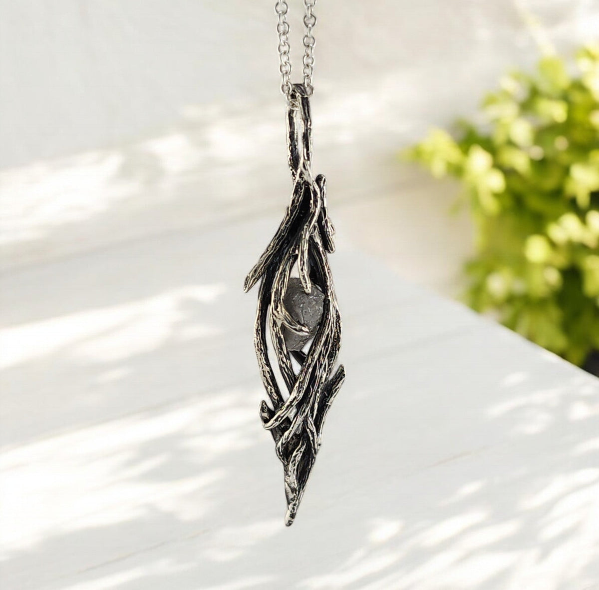 Raw Rough Diamond Hand - sculpted Pendant in Sterling Silver - DV Jewelry Designs