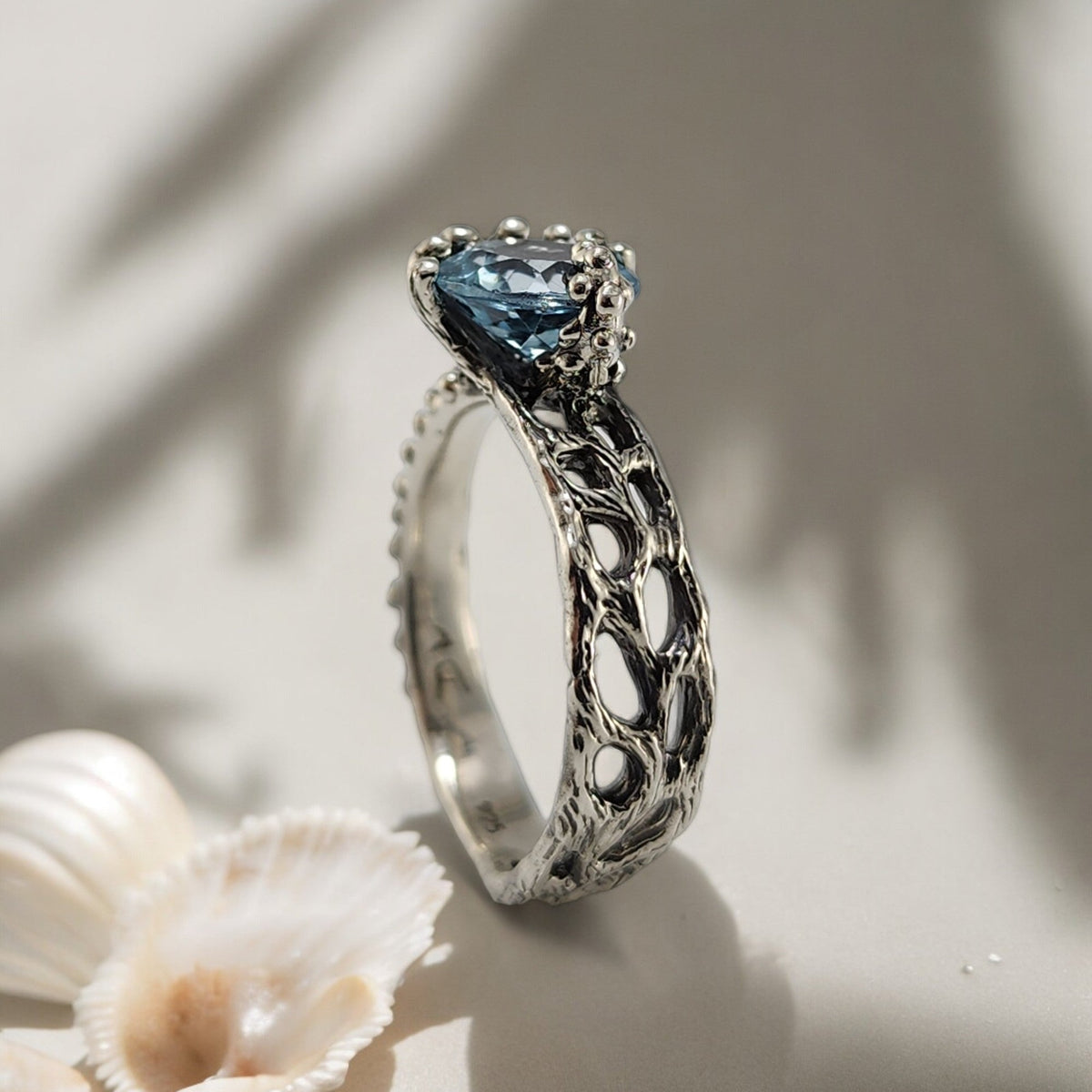 Sterling Silver Topaz Ring with a Starfish and Sea Fan Coral Design - DV Jewelry Designs