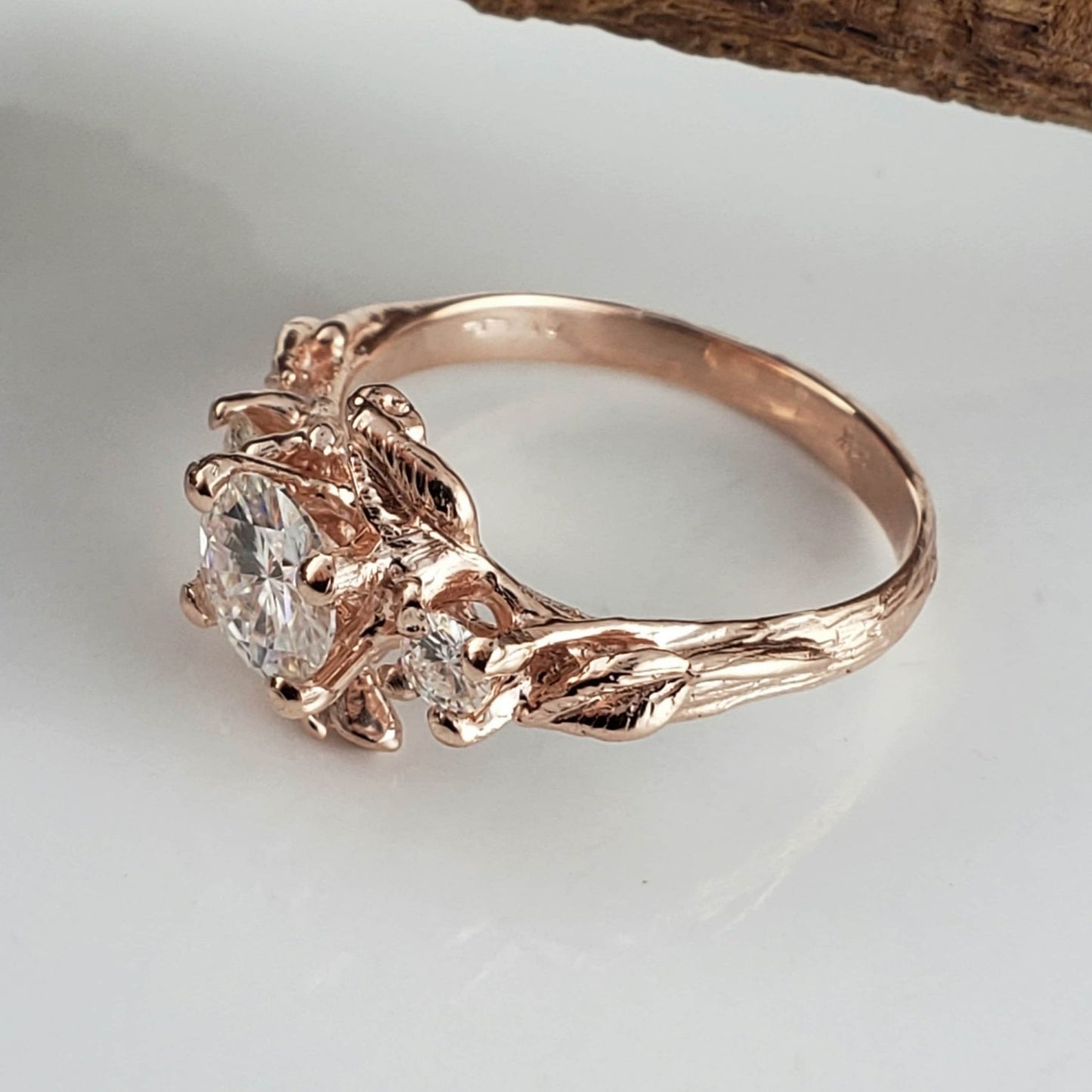 Three Moissanite Leaf & Twig Engagement Ring - DV Jewelry Designs