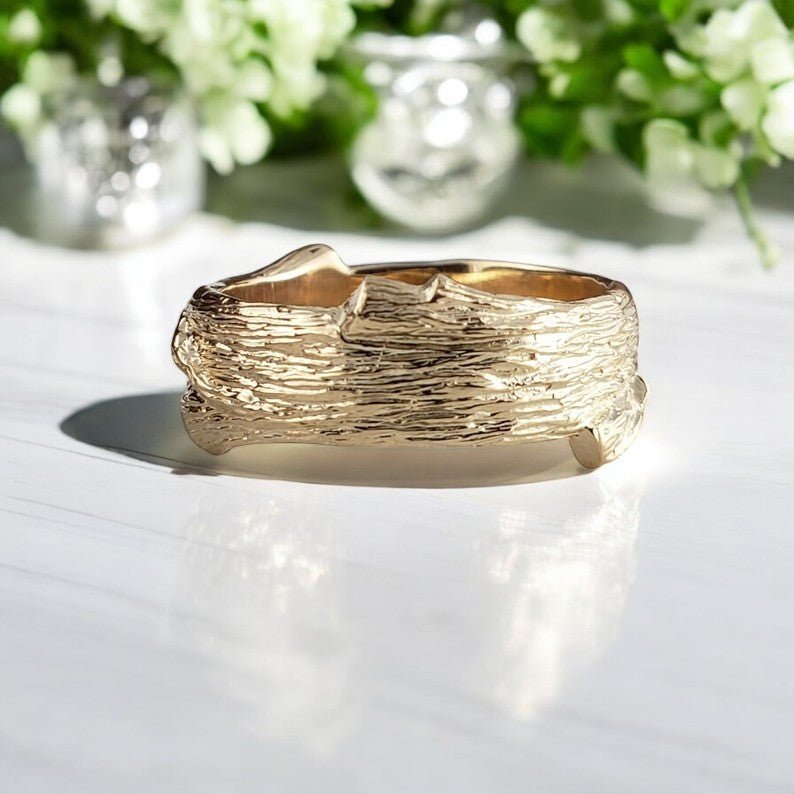 Wood Texture Branch Wedding Band in Solid Gold - DV Jewelry Designs