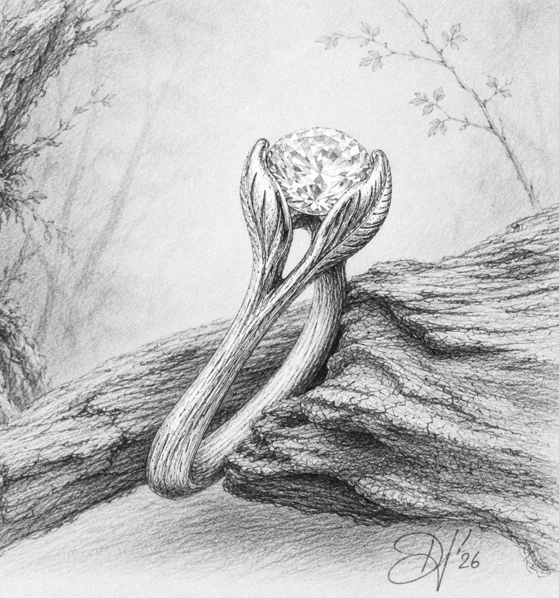 Sketch of the Floating Leaf Engagement Ring featuring a lab-grown diamond between two sculpted leaves on a twig band