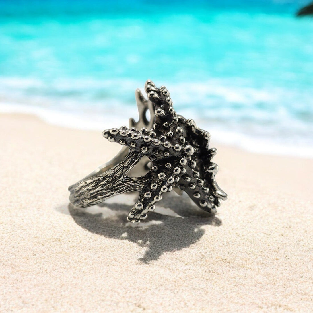 Sterling Silver Starfish & Coral Ring