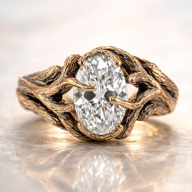 oval moissanite diamond ring in a twig and branch gold setting
