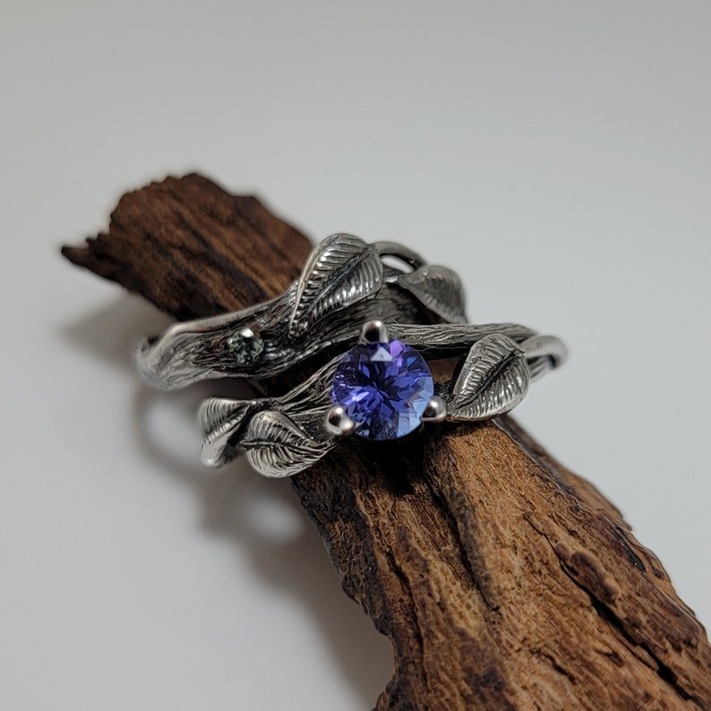 14K White Gold Tanzanite Leaf and Twig Engagement Ring with Antique Finish - DV Jewelry Designs