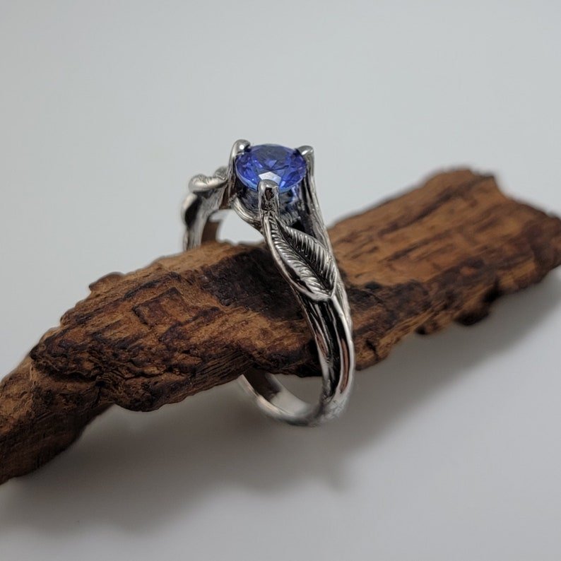 14K White Gold Tanzanite Leaf and Twig Engagement Ring with Antique Finish - DV Jewelry Designs