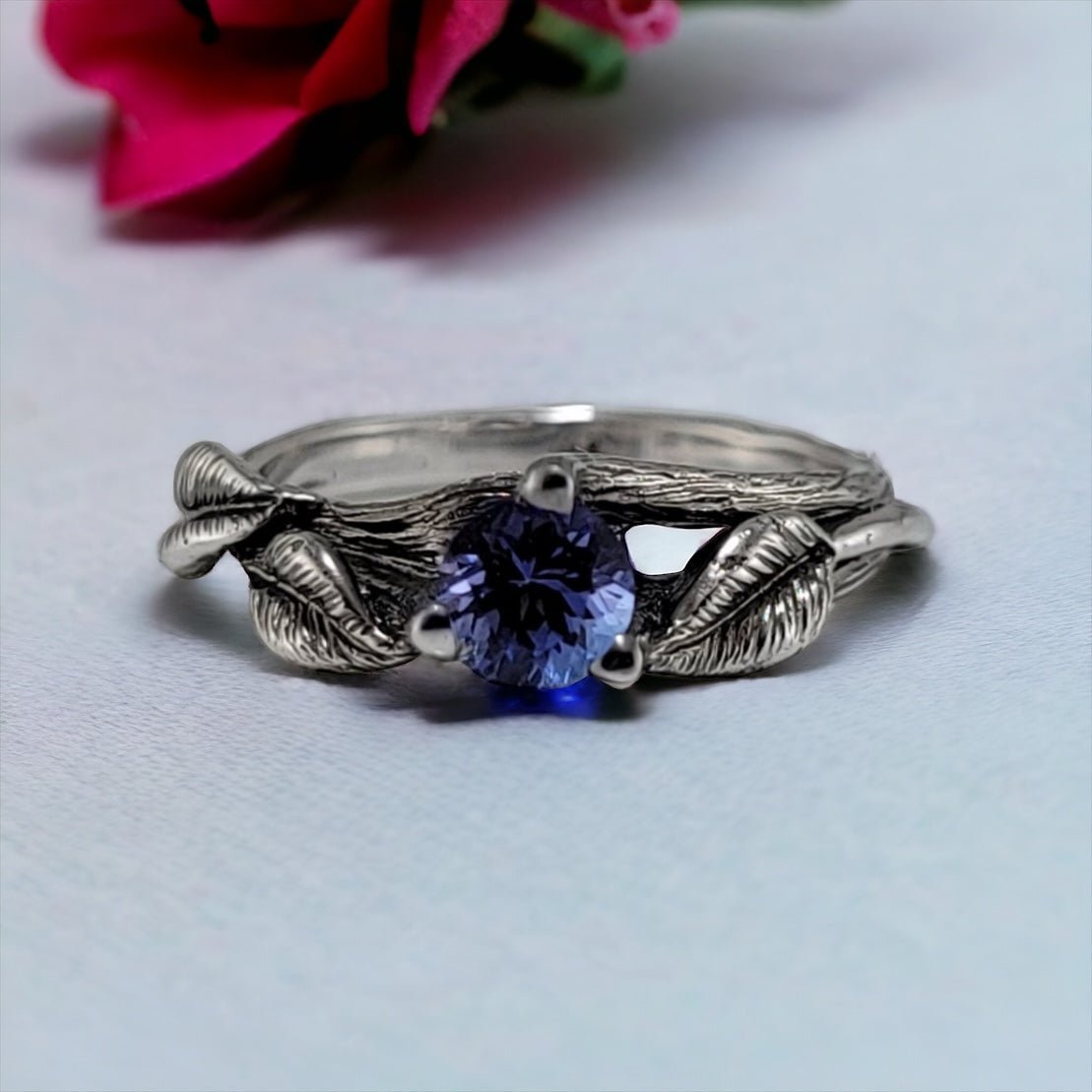 14K White Gold Tanzanite Leaf and Twig Engagement Ring with Antique Finish - DV Jewelry Designs