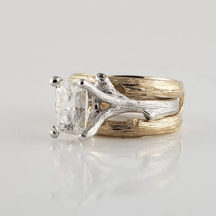 1.5 carat Moissanite Twig & Branch Ring Guard Style Bridal Set in Solid Gold - DV Jewelry Designs