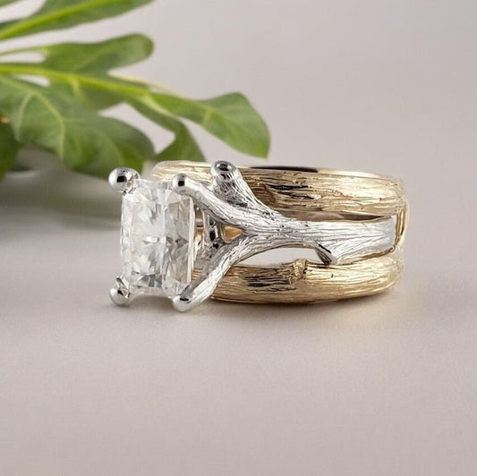 1.5 carat Moissanite Twig & Branch Ring Guard Style Bridal Set in Solid Gold - DV Jewelry Designs