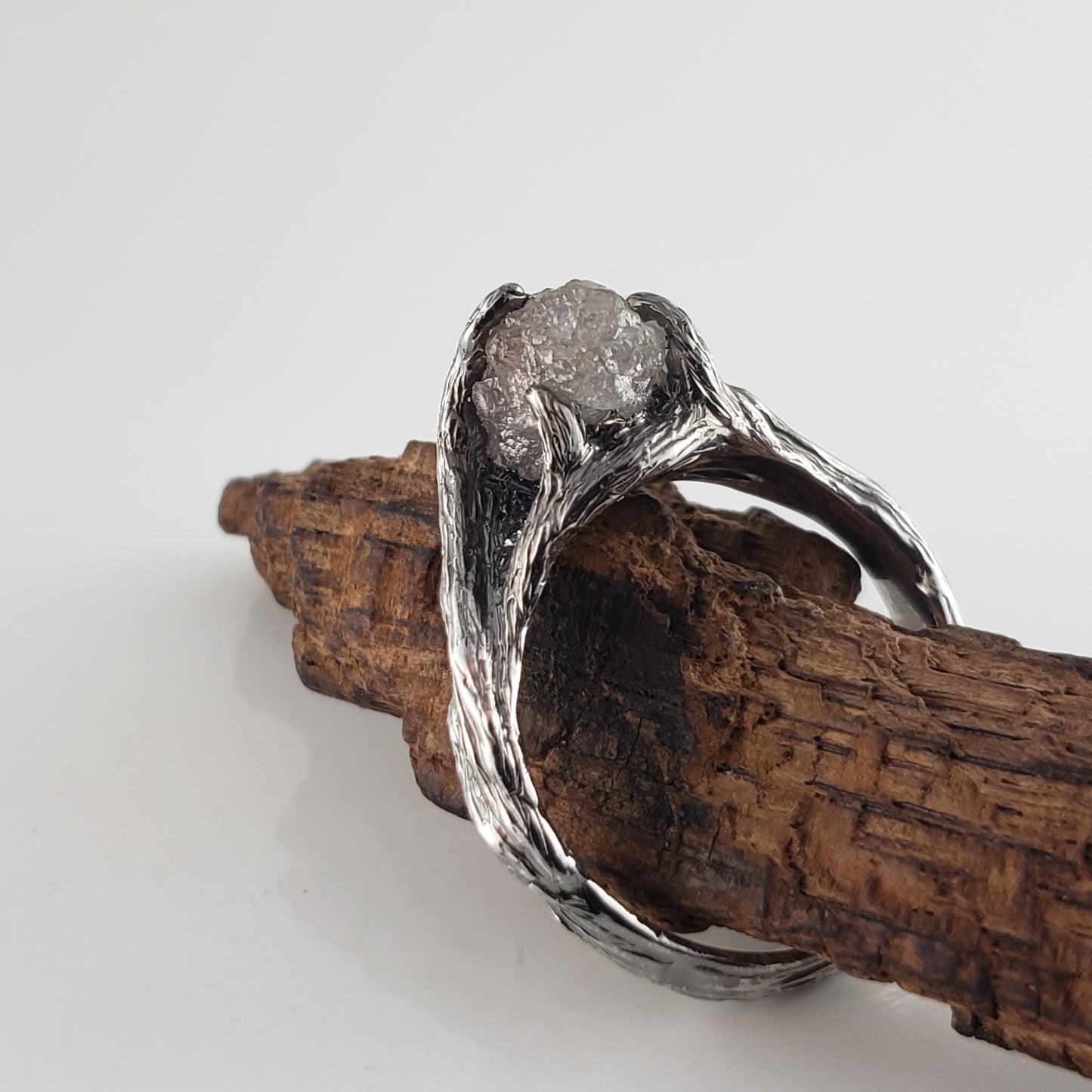 Raw Diamond Twig Engagement Ring - Handcrafted White Gold Antiqued Rustic