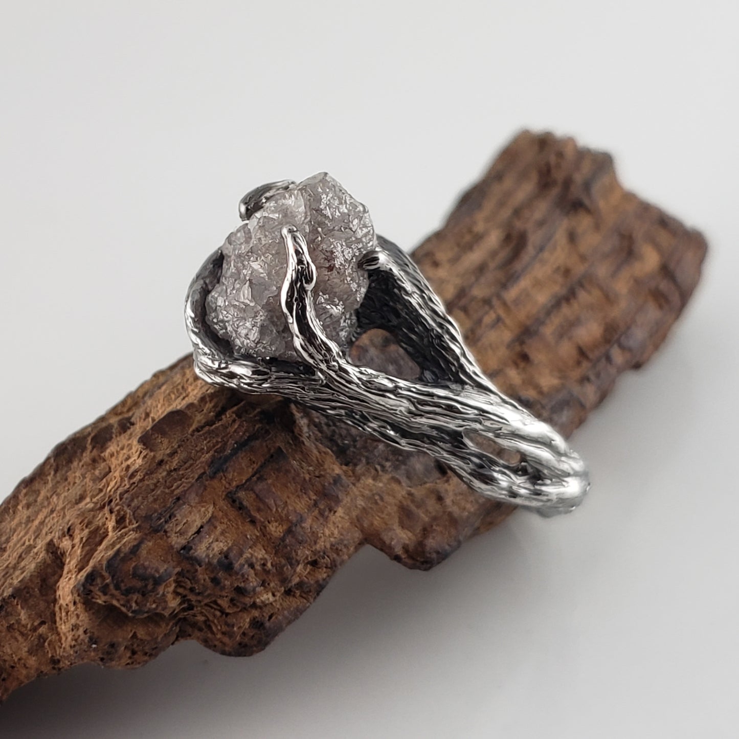 Raw Diamond Twig Engagement Ring - Handcrafted White Gold Antiqued Rustic