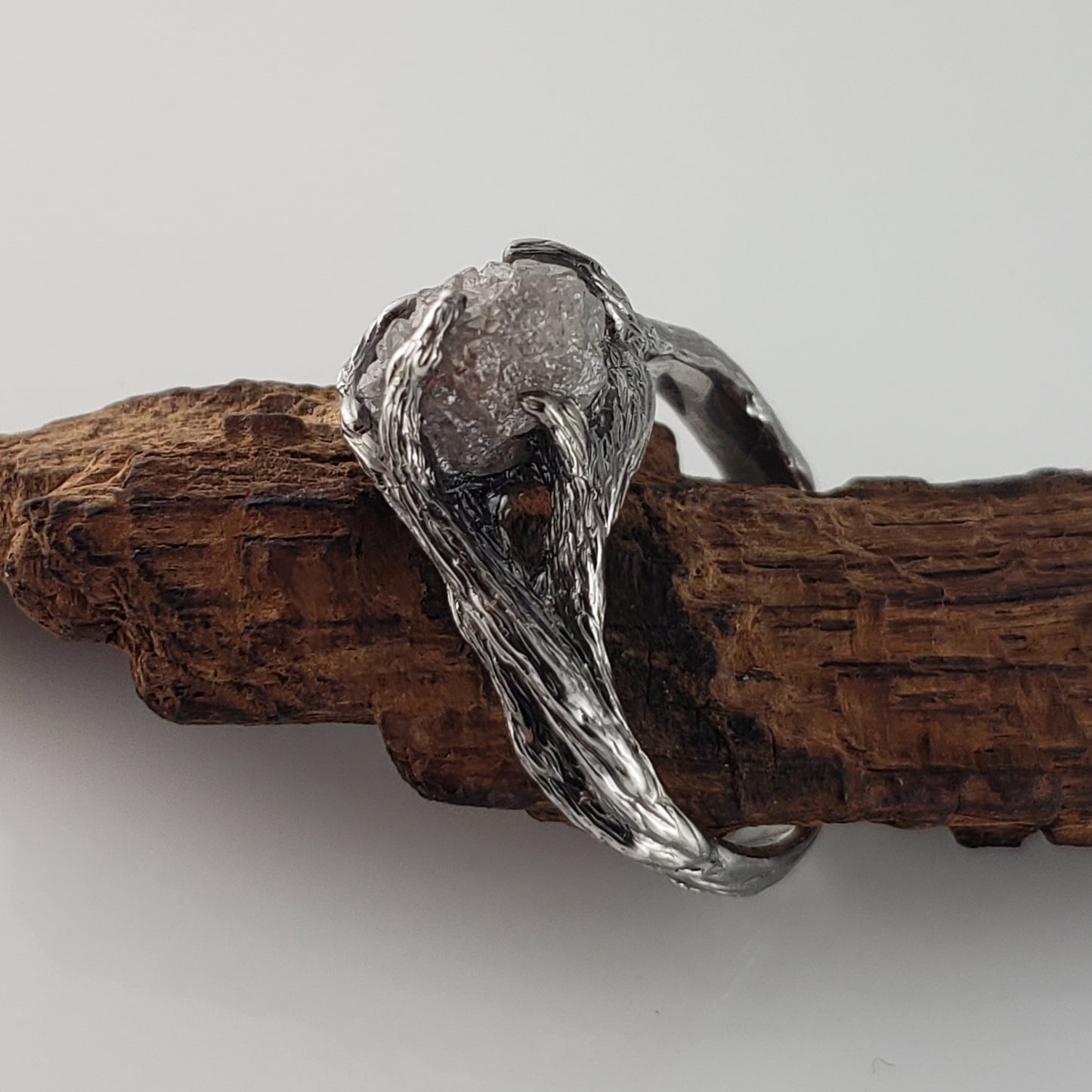 Raw Diamond Twig Engagement Ring - Handcrafted White Gold Antiqued Rustic