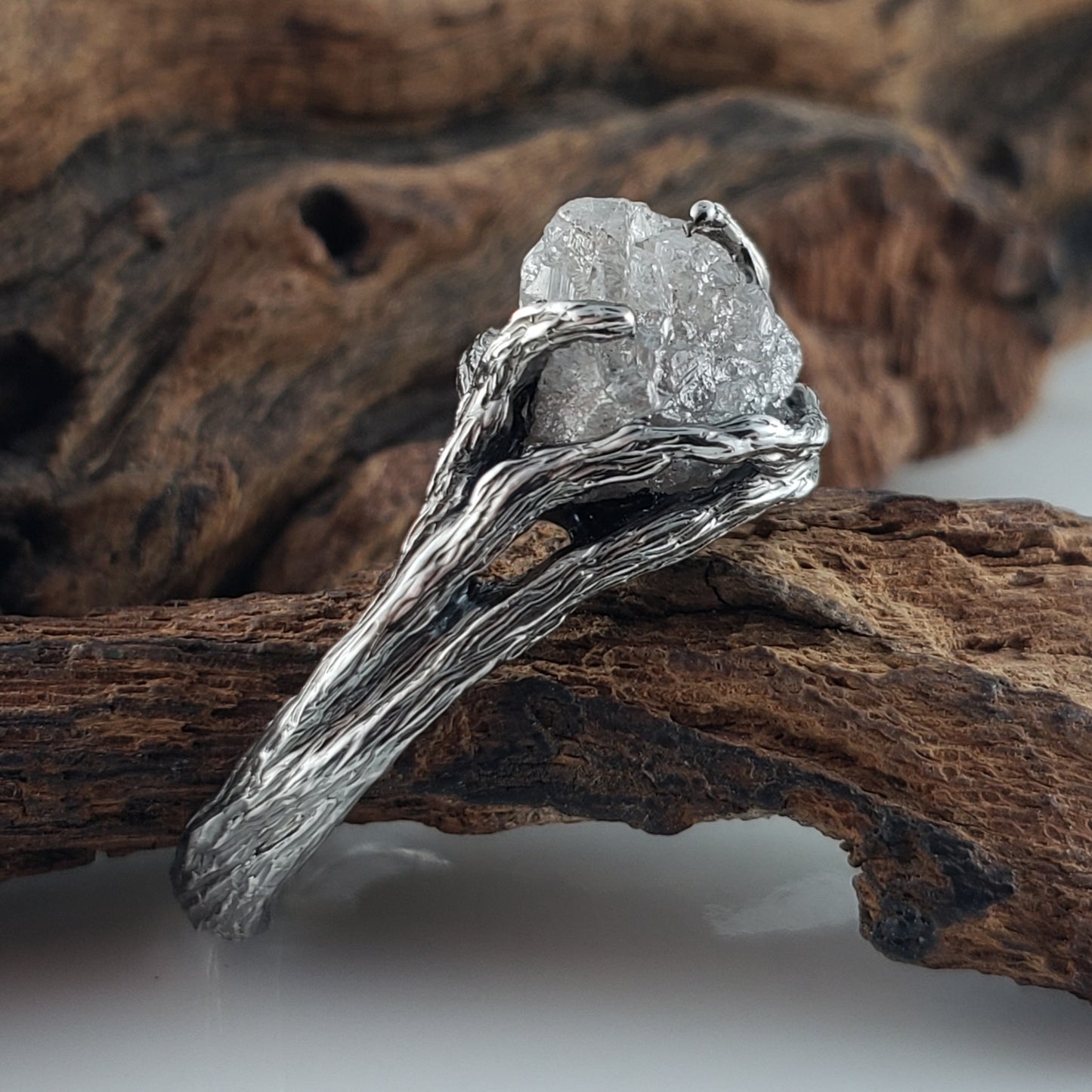 Raw Diamond Twig Engagement Ring - Handcrafted White Gold Antiqued Rustic