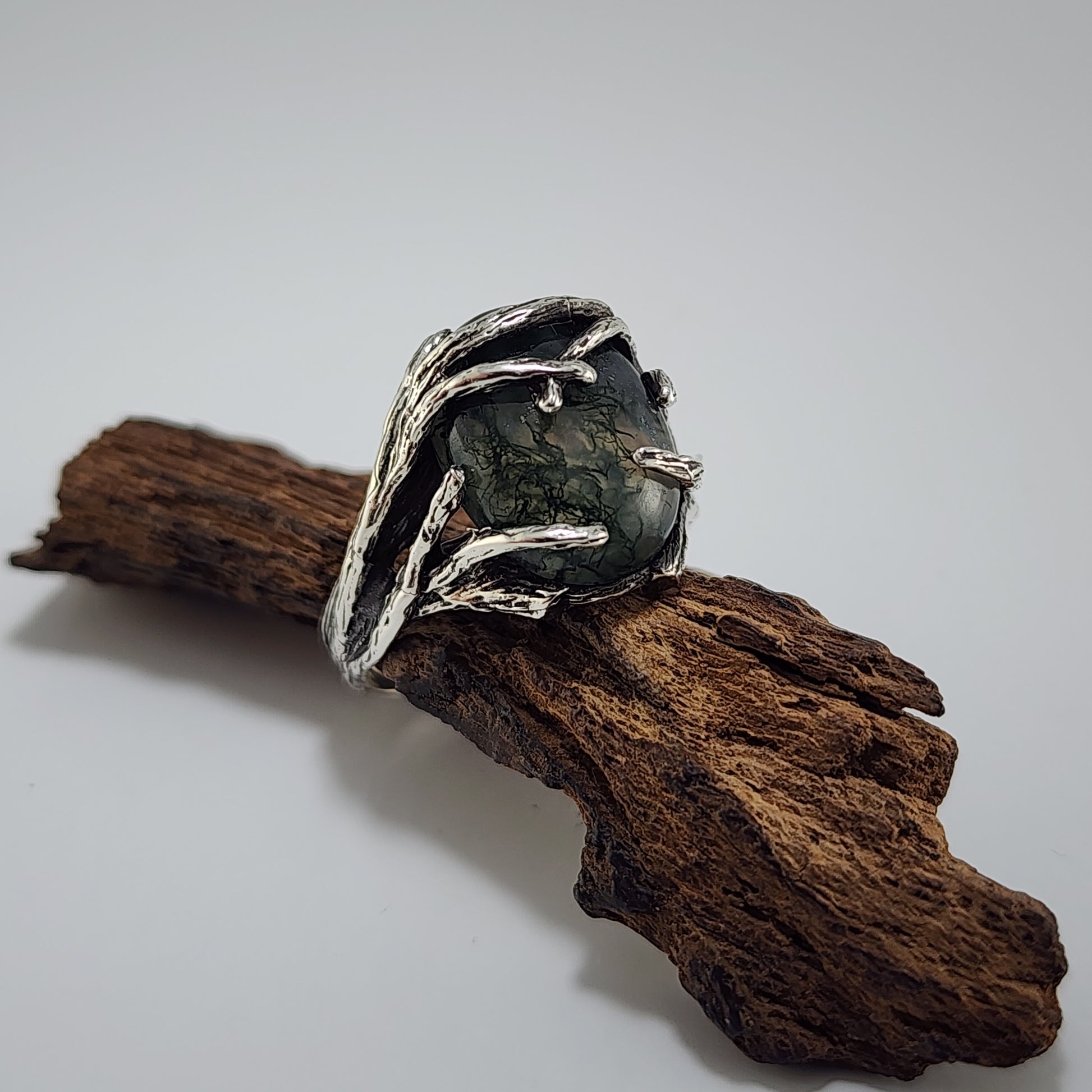 Oval Moss Agate Cabochon Gemstone Ring - DV Jewelry Designs #