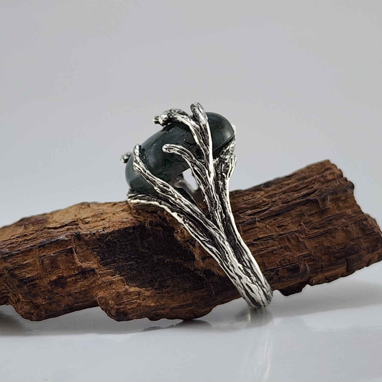 Oval Moss Agate Cabochon Gemstone Ring - DV Jewelry Designs #