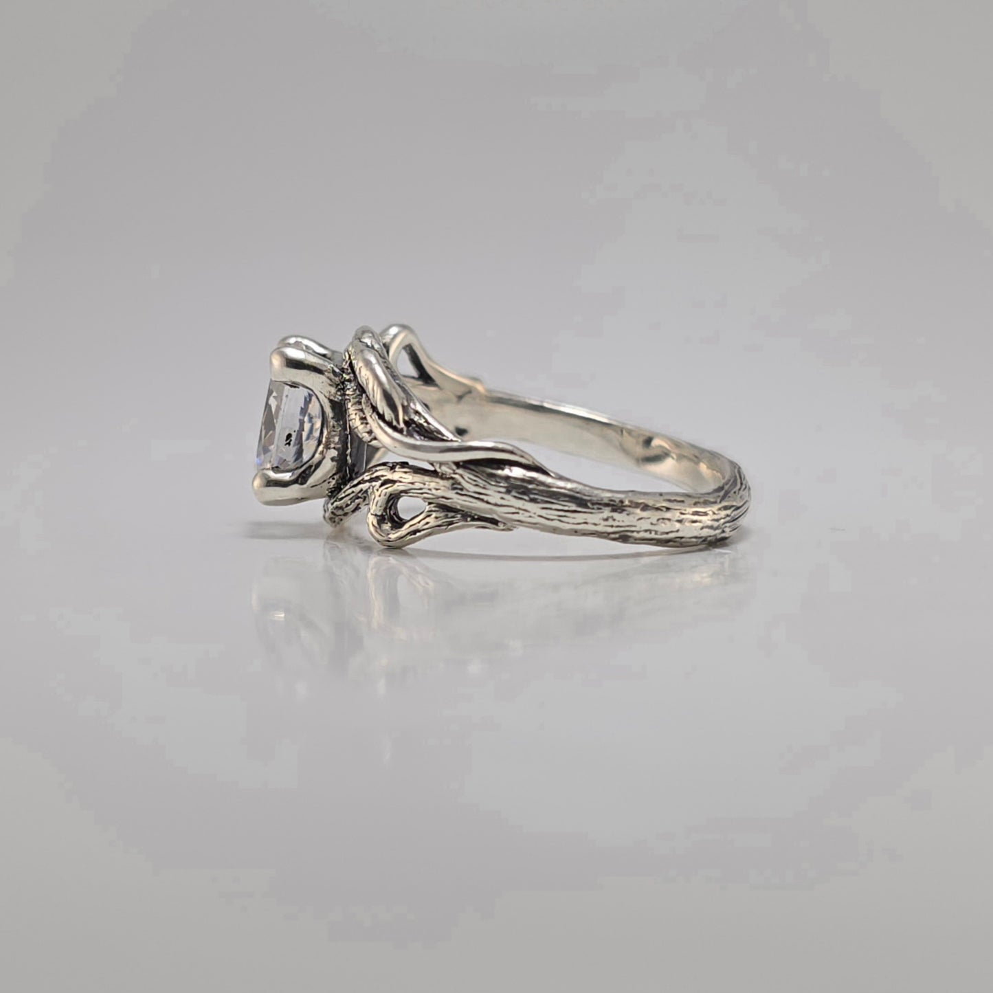 Oval Moissanite Twig Engagement Ring – Sterling Silver - DV Jewelry Designs #