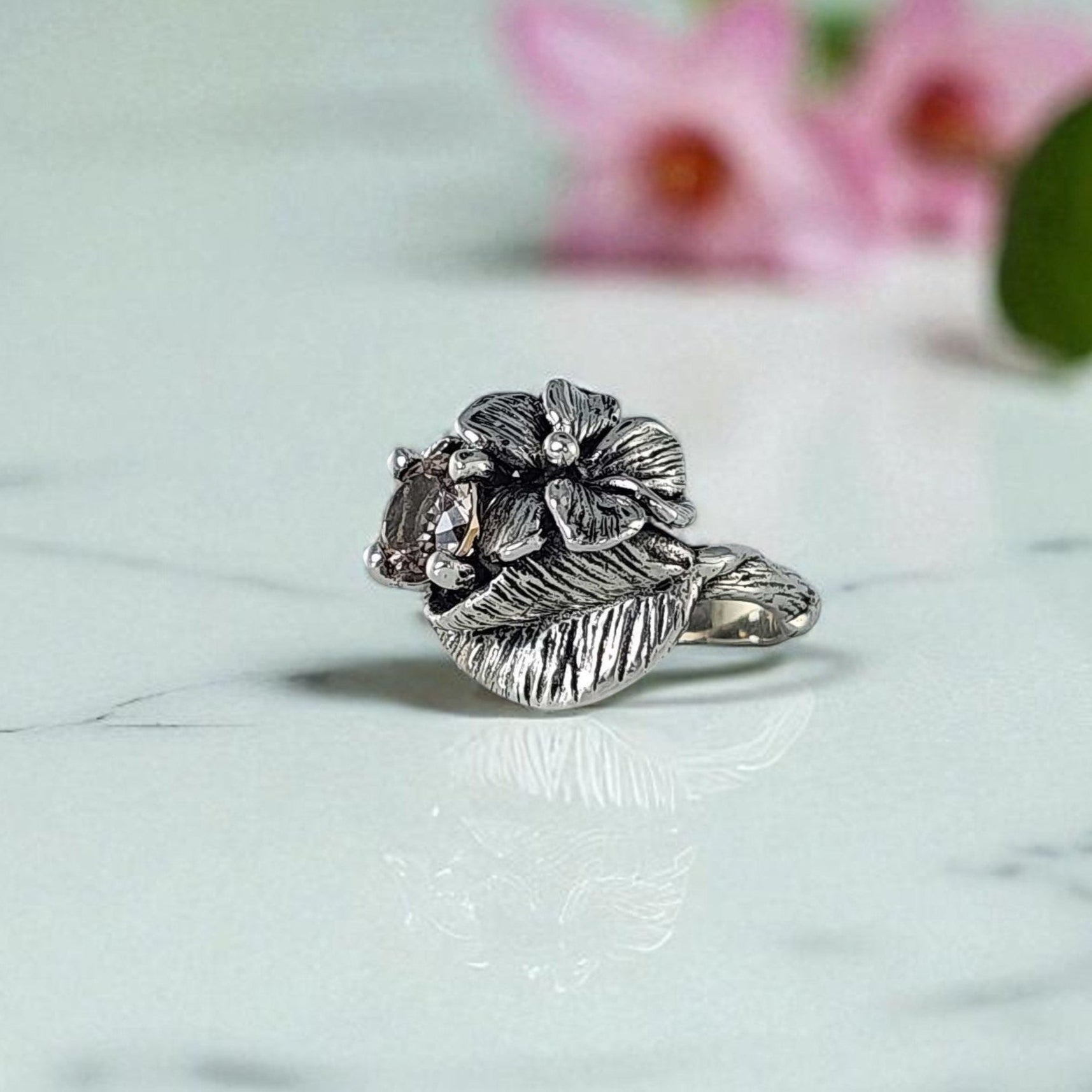 Hibiscus Ring with Pink Morganite - DV Jewelry Designs #