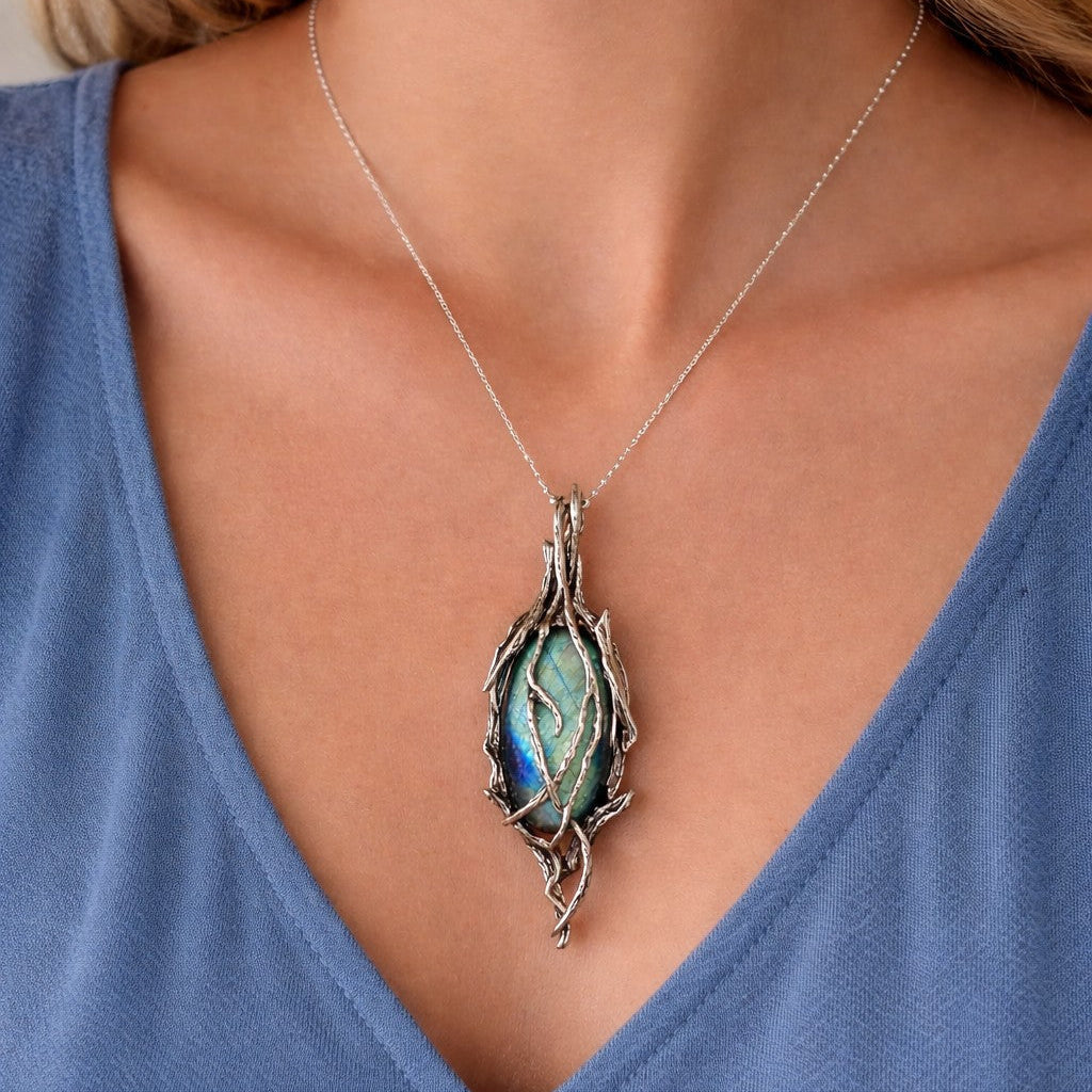 Necklace with a pendant featuring a green stone worn by a person in a blue top.