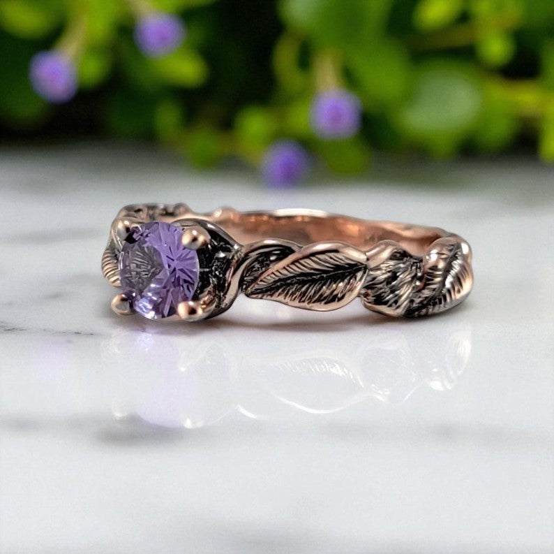 Purple Tanzanite, Leaf and Vine Engagement Ring - DV Jewelry Designs #