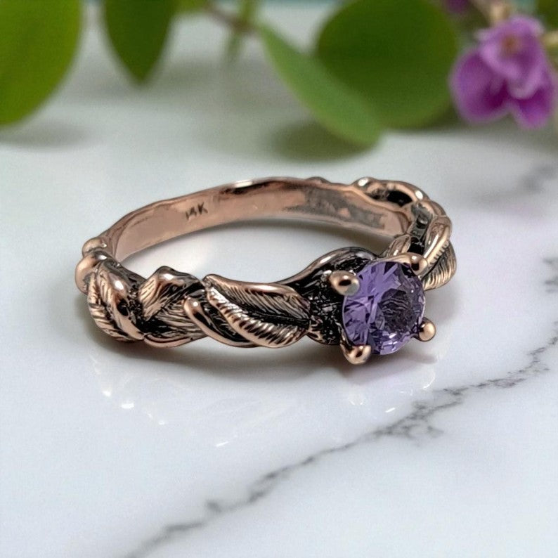 Purple Tanzanite, Leaf and Vine Engagement Ring - DV Jewelry Designs #