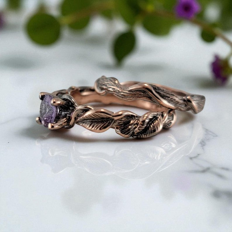 Purple Tanzanite, Leaf and Vine Engagement Ring - DV Jewelry Designs #