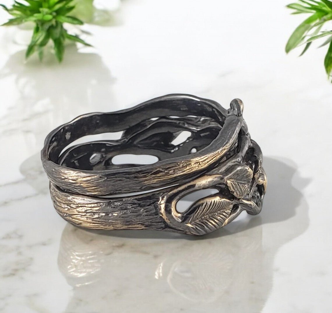 Black Rhodium Raw Diamond Leaf & Branch Wedding Set (2 Rings) - DV Jewelry Designs